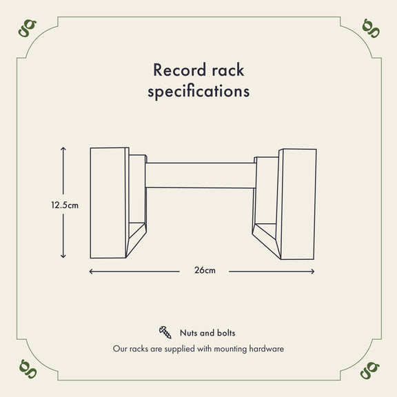 A diagram depicting the measurements of the racks. The racks are 12.5cm high and 26cm in width. The text at the bottom reads 'Our racks are supplied with mounting hardware'.