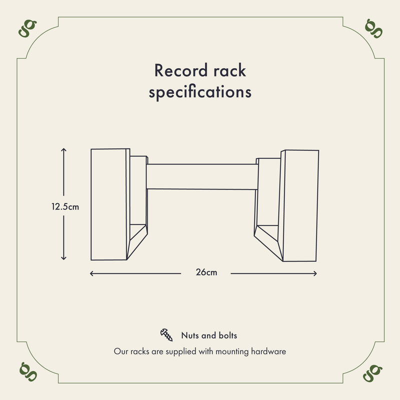A diagram depicting the measurements of the racks. The racks are 12.5cm high and 26cm in width. The text at the bottom reads 'Our racks are supplied with mounting hardware'.